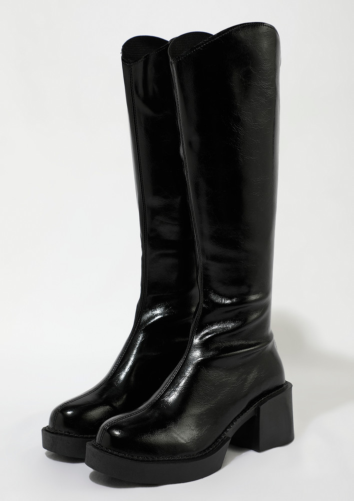 Faux Leather Zip-fly Black Knee Length Boots