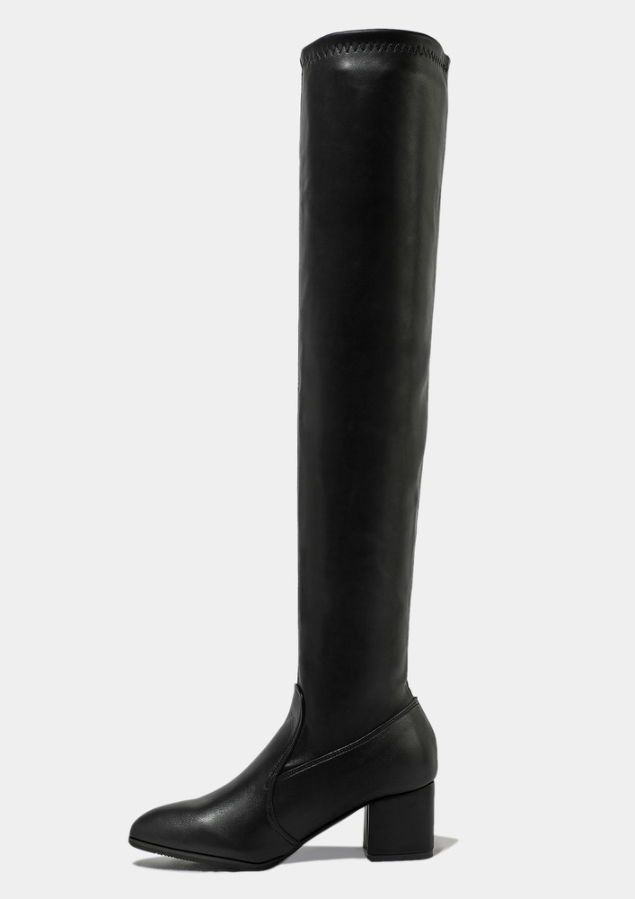 Black Over The Knee Pointed Toe Block Boots