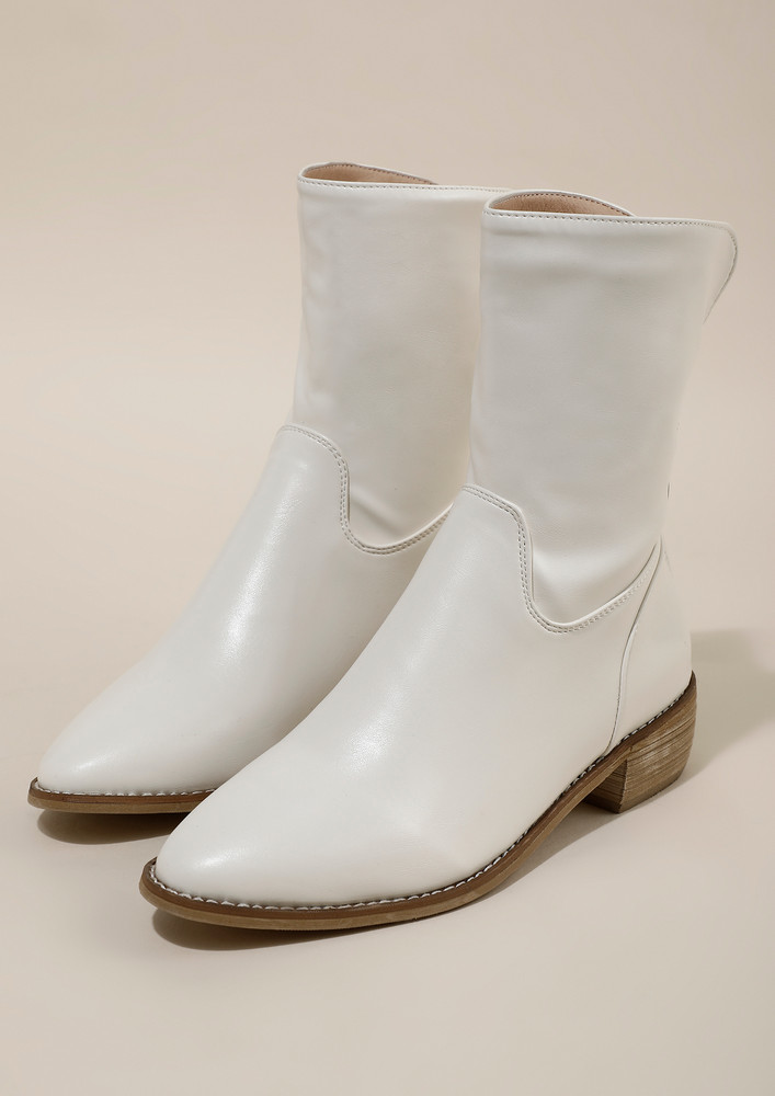 In White Pu Ankle Length Low Heel Boots