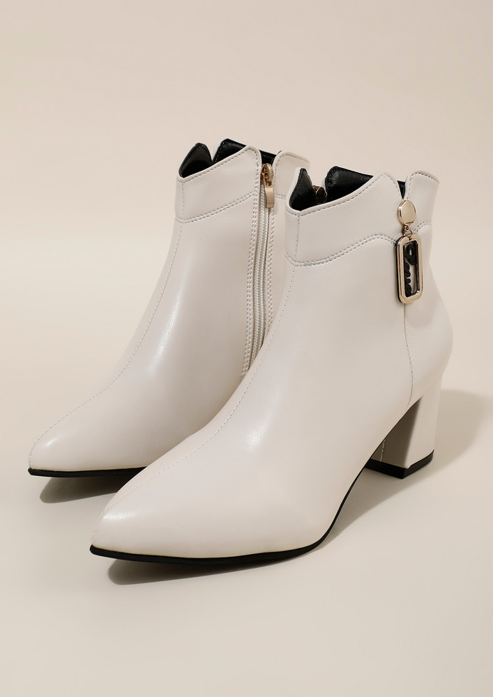Solid Side Zipper White Mid Block Heel Boots