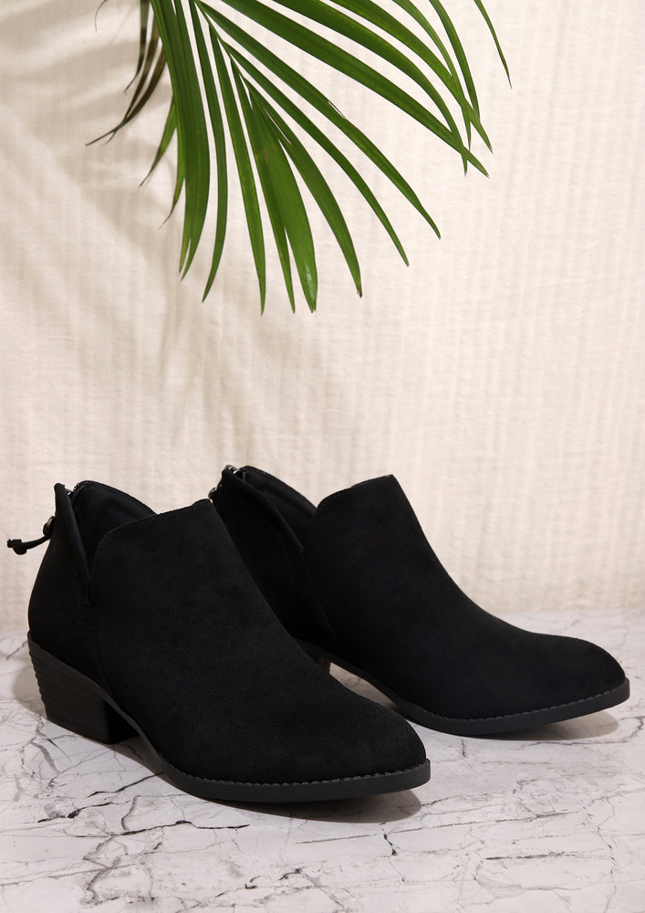 IN BLACK SUEDE SLIP-ON LOW ANKLE BOOTS