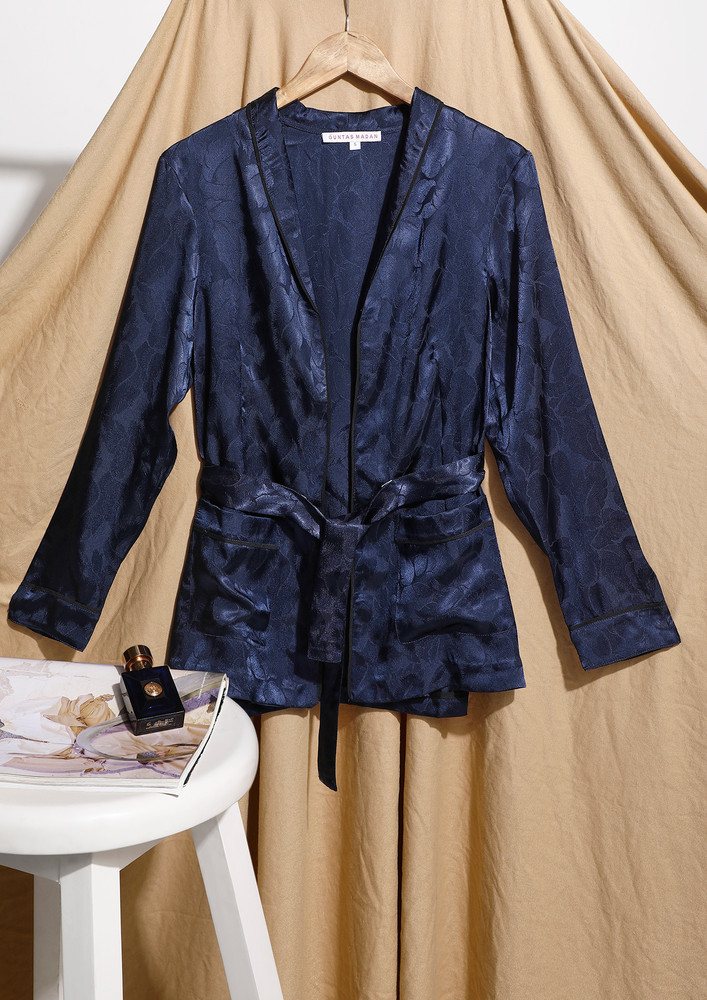 POLYESTER FRON TIE-UP PATTEREND DEEP BLUE ROBE
