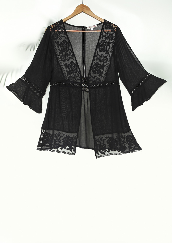 Black Crossover Front Hollow-out Kimono
