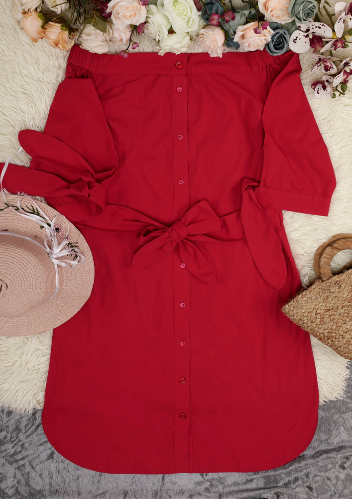 OFF-SHOULDER RED BELTED TIE-WAIST BUTTON DRESS