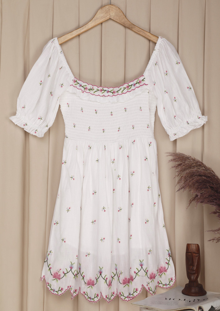 Square Neck Printed Detail White Short Dress