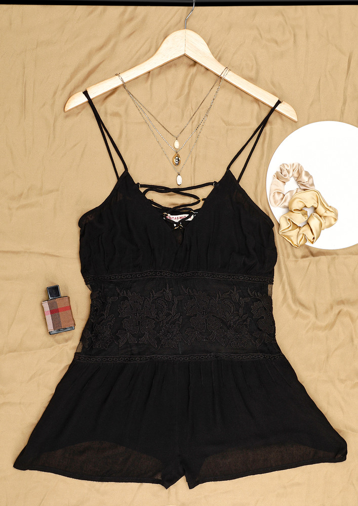 Spaghetti Strap Lace-up Front Detail Black Playsuit