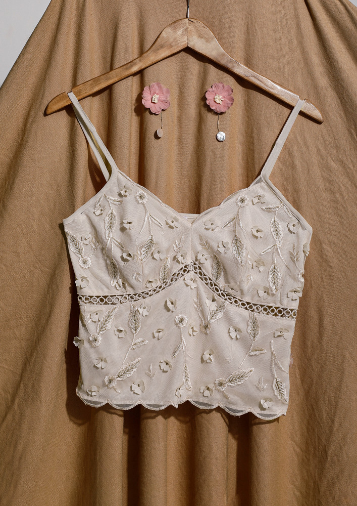 Beige Hollow-out Detail Printed Crop Top