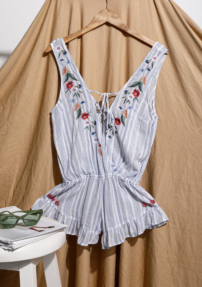 Front-tie Striped & Printed White-blue Playsuit