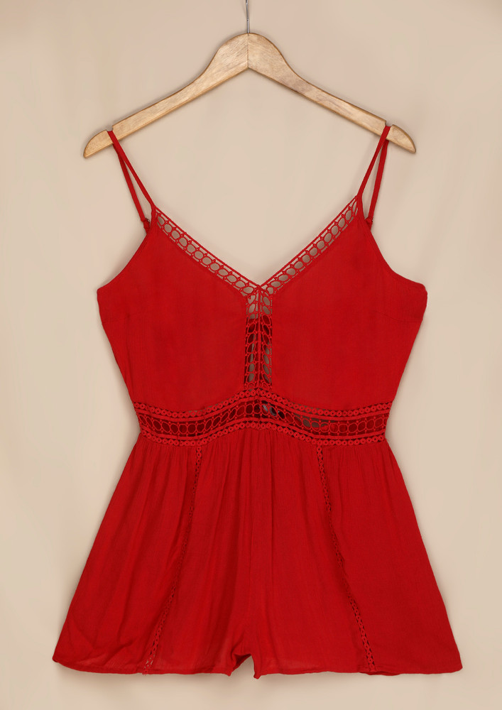 Solid Deep Red Backless With A Tie-up Playsuit