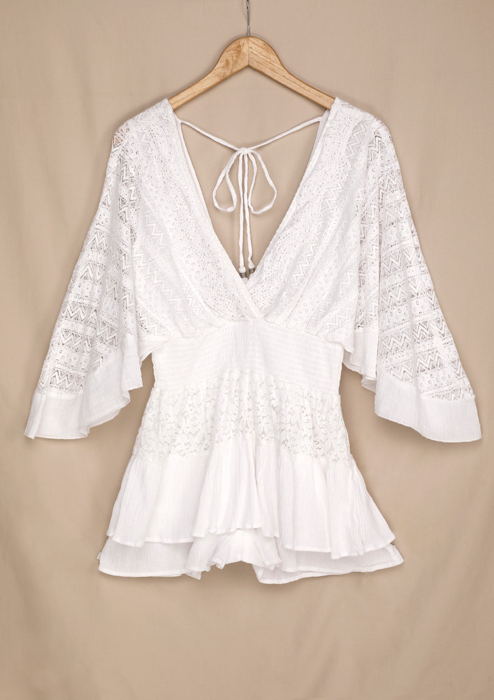 White Plunging Hollow-out Cotton Shift Dress