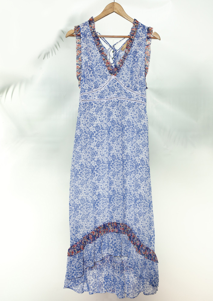 PRINTED WHITE-BLUE TIE-UP BACK MAXI DRESS