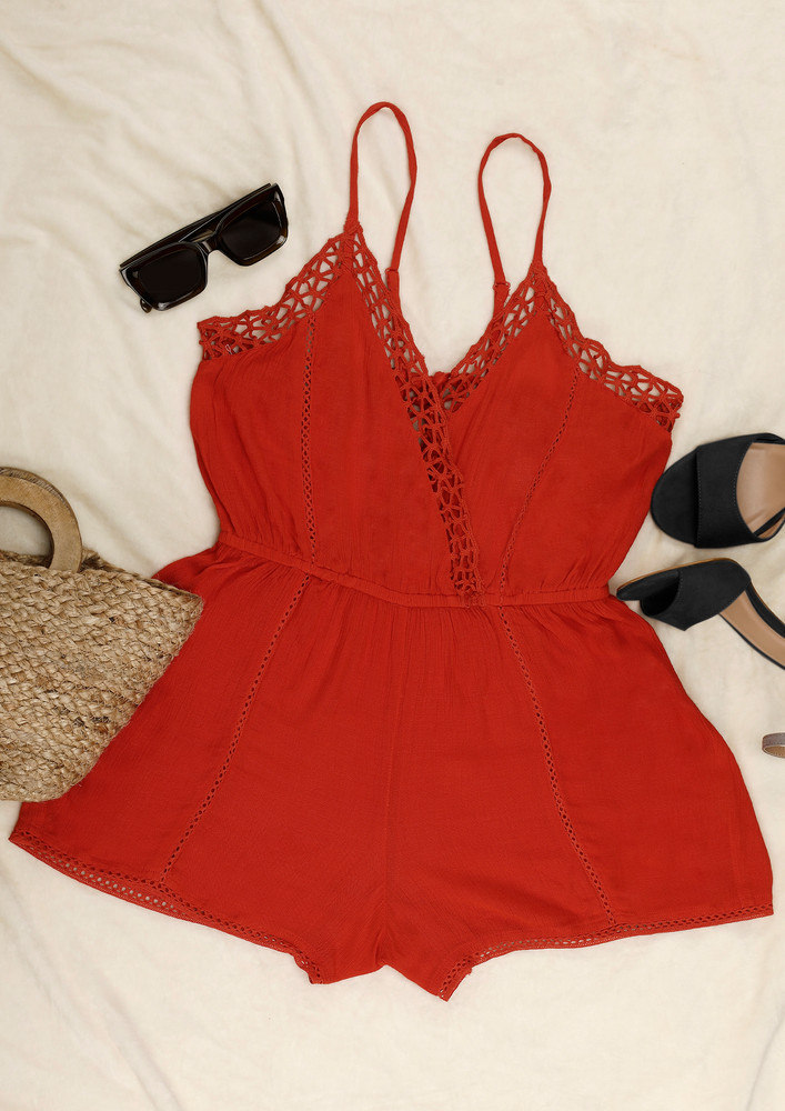 A Red Viscose Strappy Surplice Neck Playsuit
