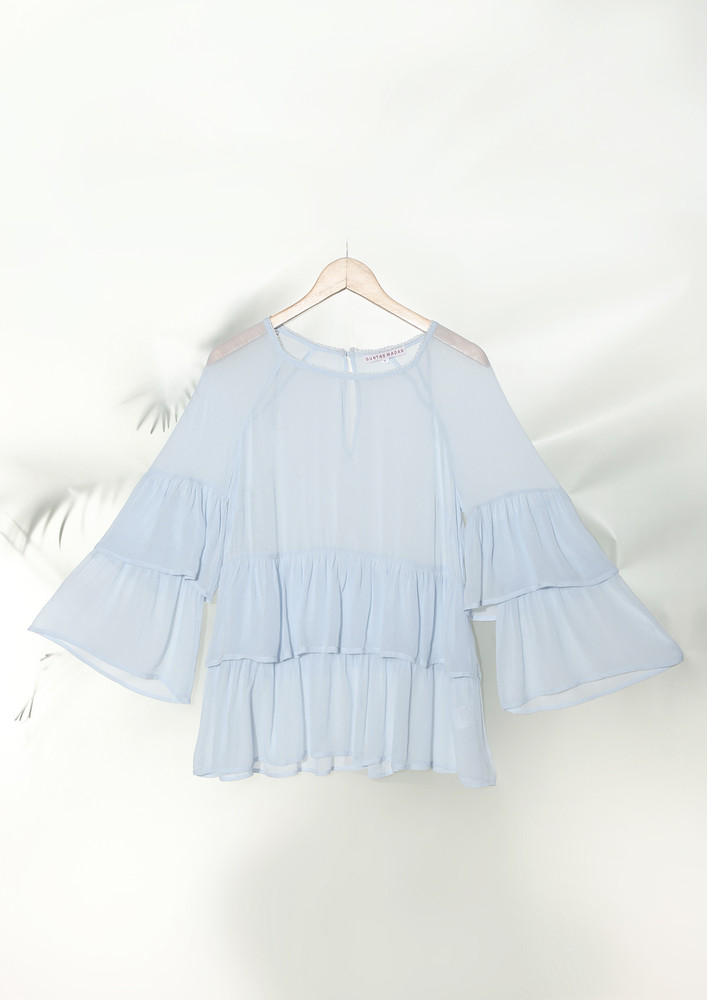 A Light Blue Round Neck Frilled Blouse Top