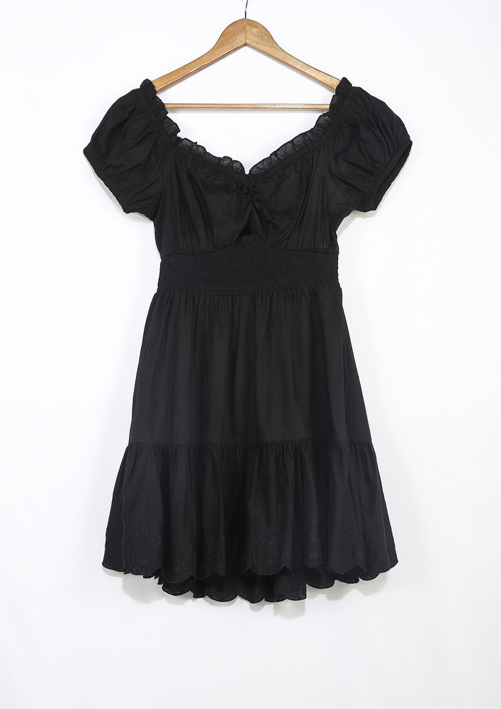Solid Black Short Dress With Knot Tie Back