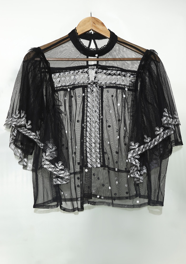 Netted Sequin & Printed Detail Black Tunic Top