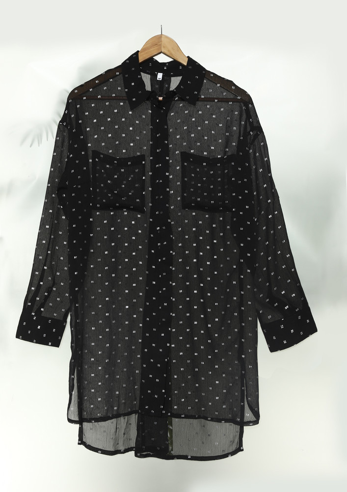 COLLARED BLACK DOUBLE POCKET PRINTED SHIRT DRESS