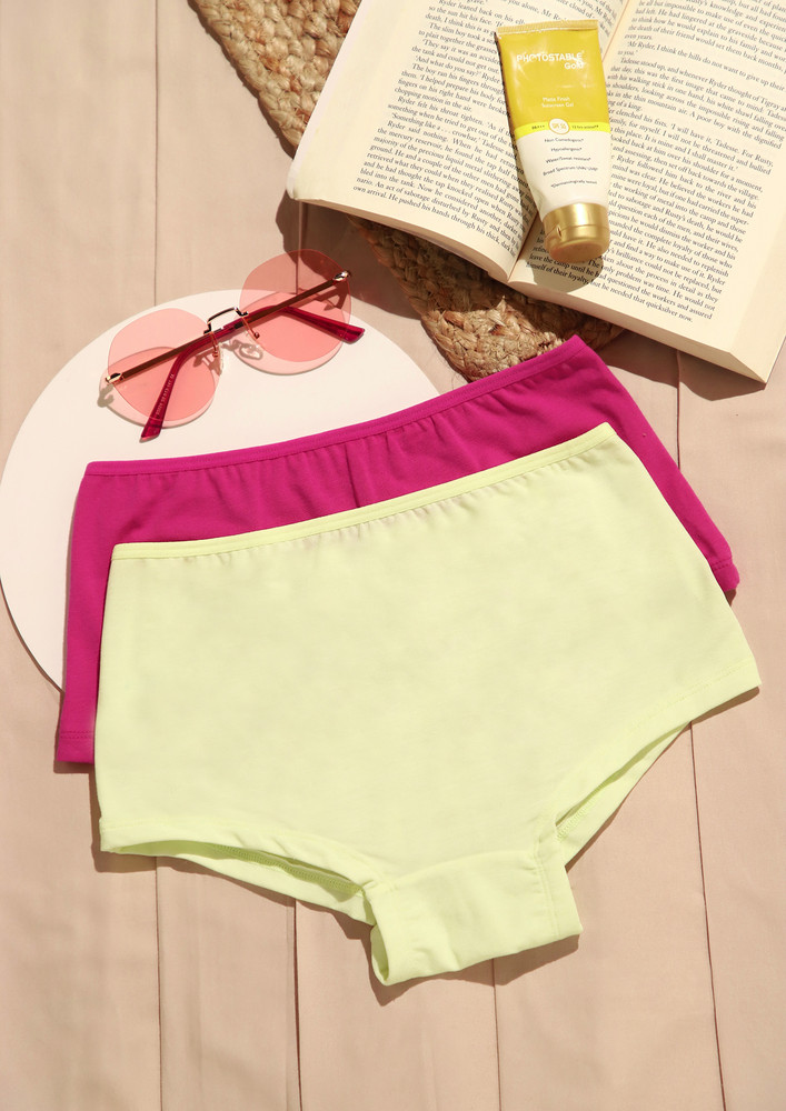 Solid Mid-rise Pink-yellow Set Of Two Bikinis