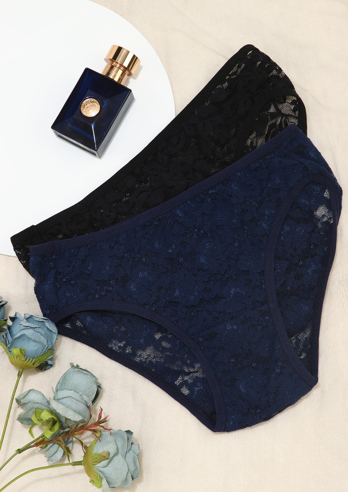 In A Solid Lacy Nylon Black-&-blue Bikini Set