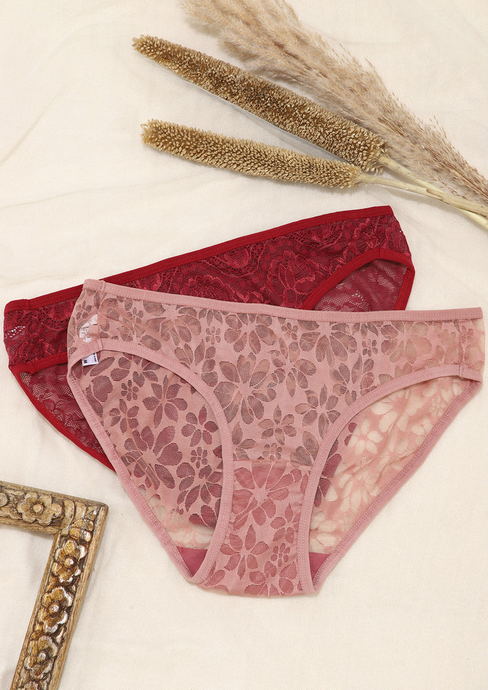 Pink & Red Lace-detail Low-rise Bikini Brief Set