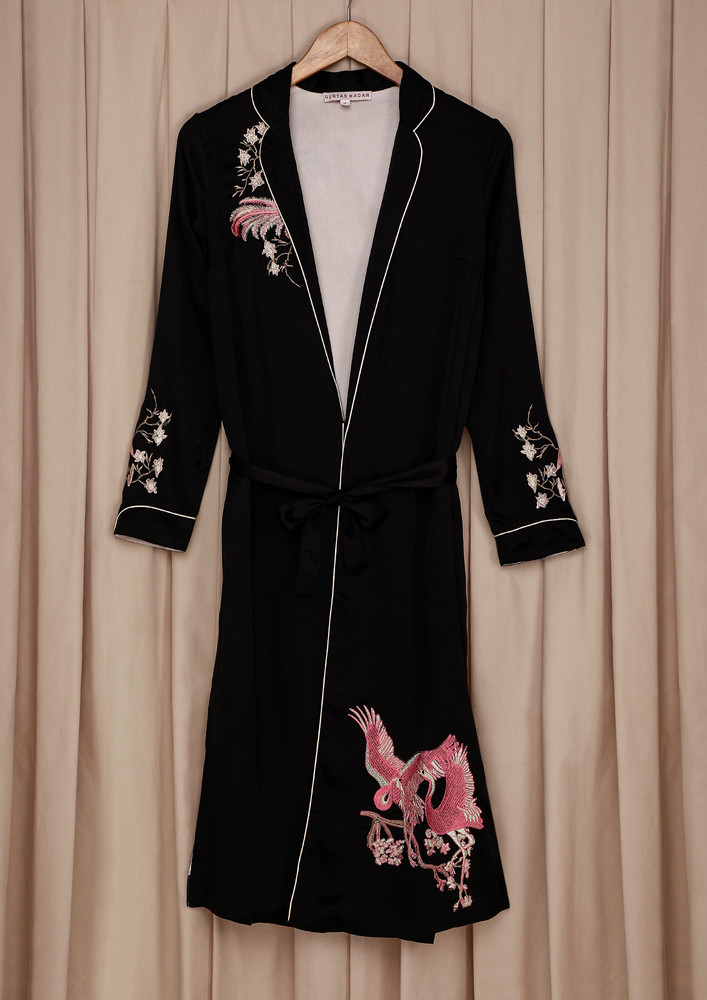 Black Waist-tie Embroidered Midi Dress