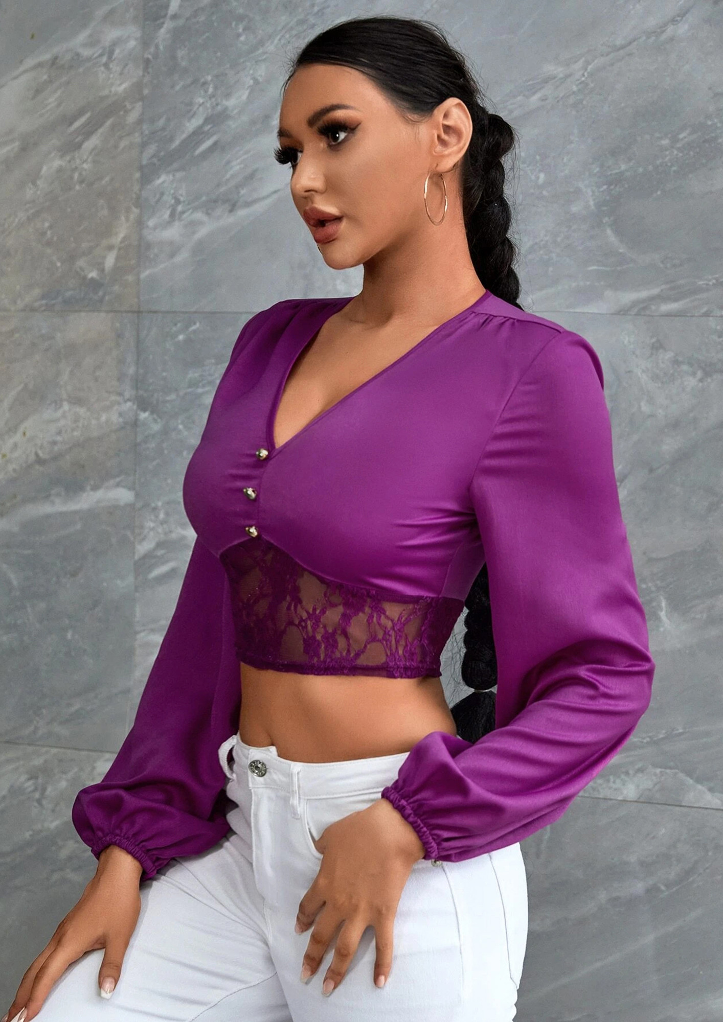 Buy POLYESTER PURPLE LACE-TRIM CROP TOP for Women Online in India