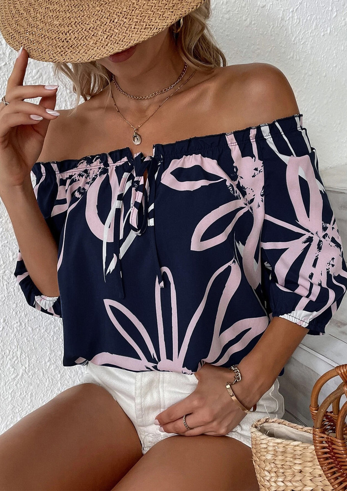 PRINTED BLUE ROUND NECK BLOUSE