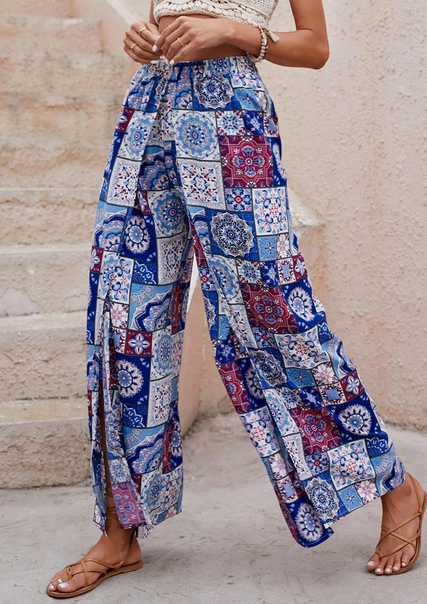 PRINTED LAYRED SLIT HIGH-RISE BLUE PALAZZO