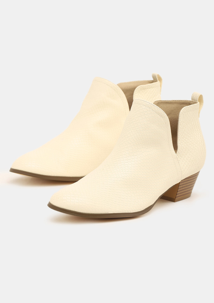 V-CUT DETAIL PU BEIGE ANKLE BOOTS