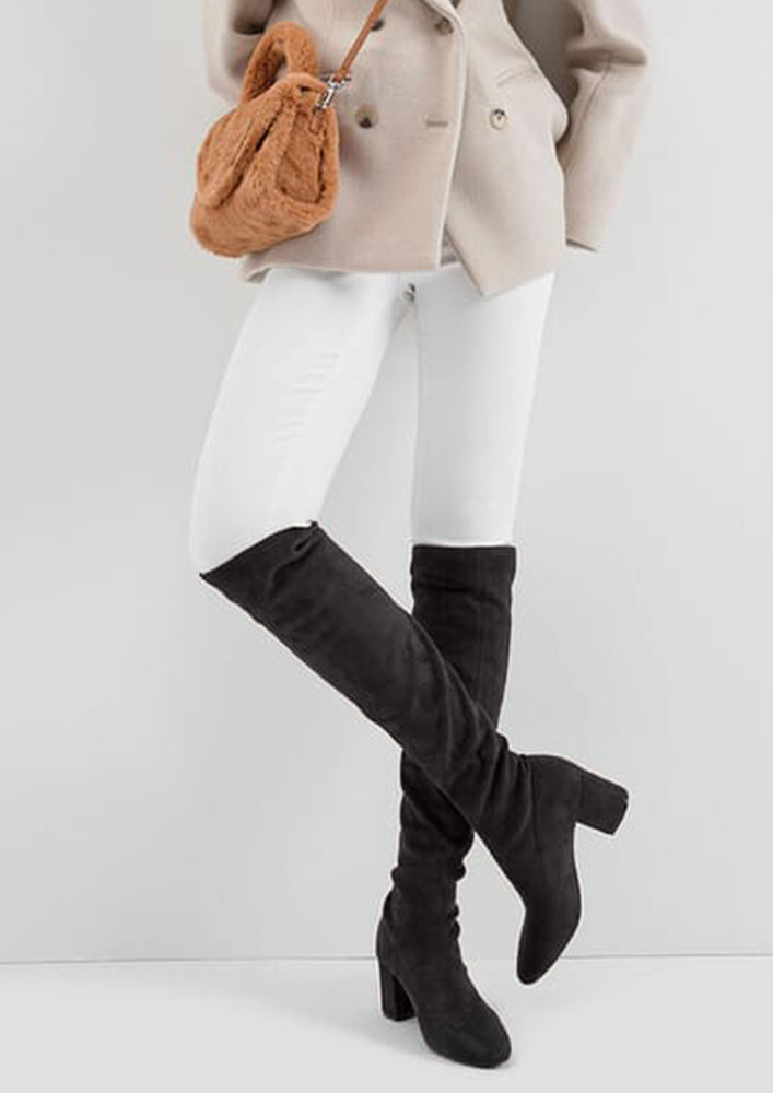 SOLID SUEDE THIGH HIGH BLACK BOOTS