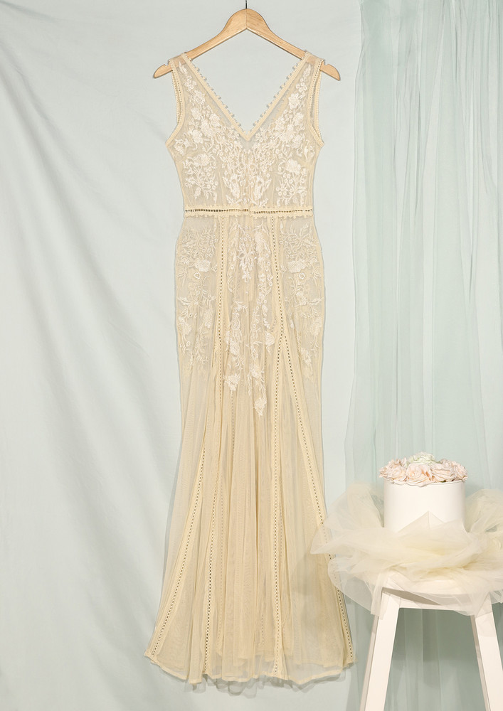 Lacy Beige V-neck Bridesmaid Maxi Dress
