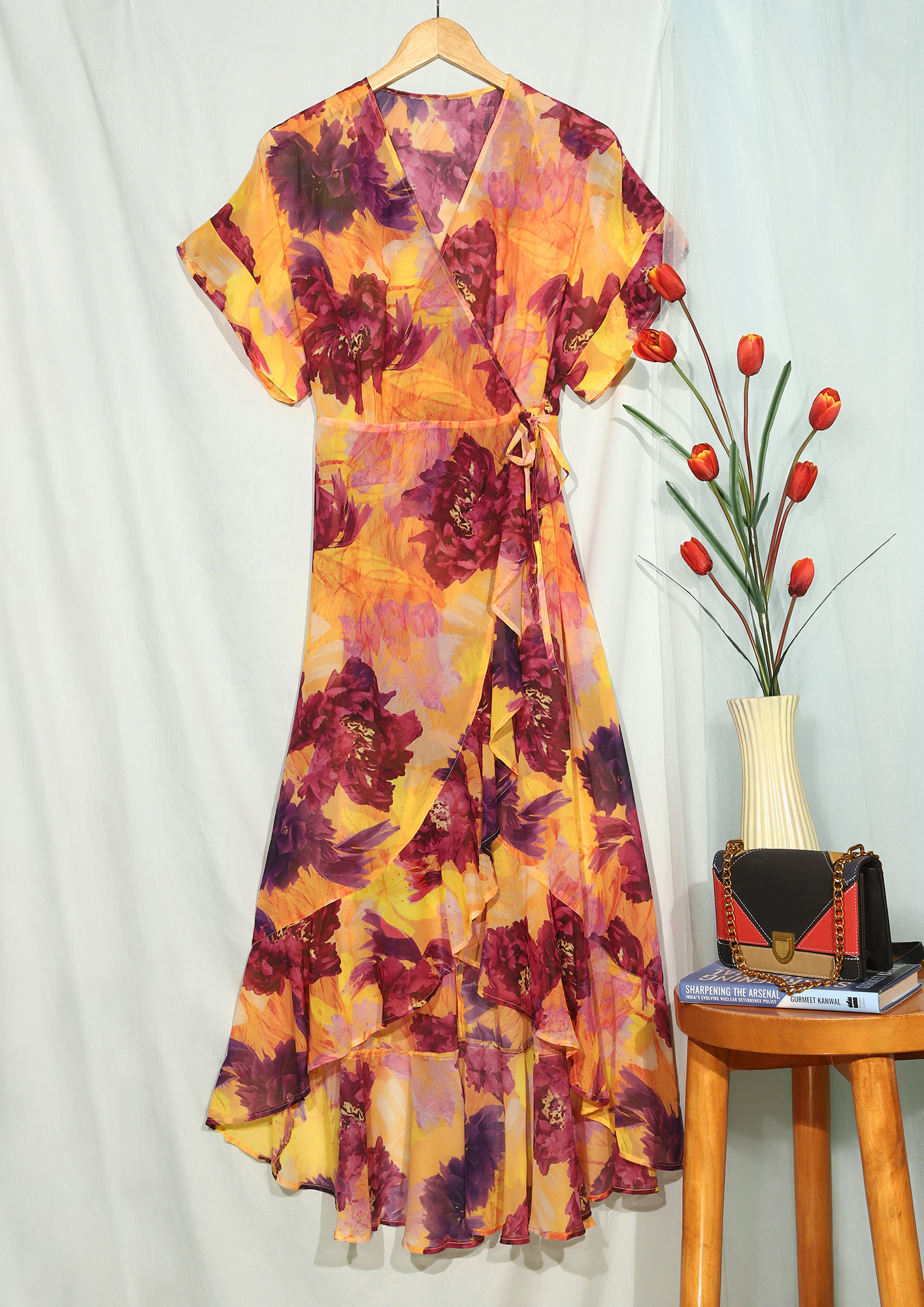 ASOS DESIGN ruffle detail wrap satin maxi dress in large bold floral print