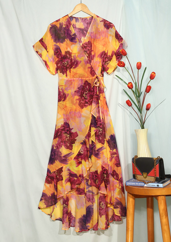 Floral-print Yellow Maxi Wrap Dress