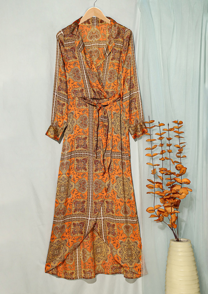 Orange Ethnic Print Casual Midi Dress