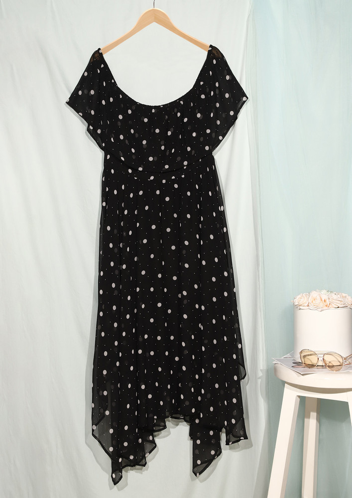 Frill Polka-dot Black Off-shoulder Dress