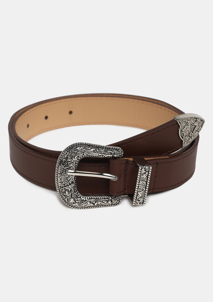 Solid Metallic-buckle Pu Brown Belt