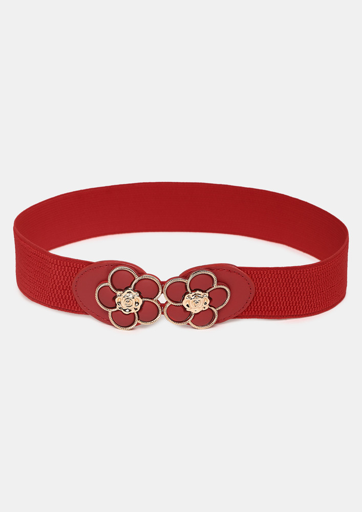 Red Metallic-floral Elasticated Belt