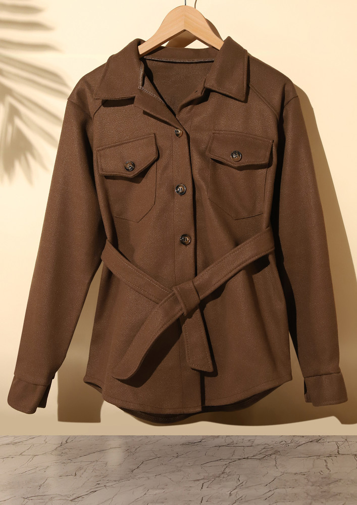 BROWN BELTED DETAIL BUTTON DOWN SHACKET