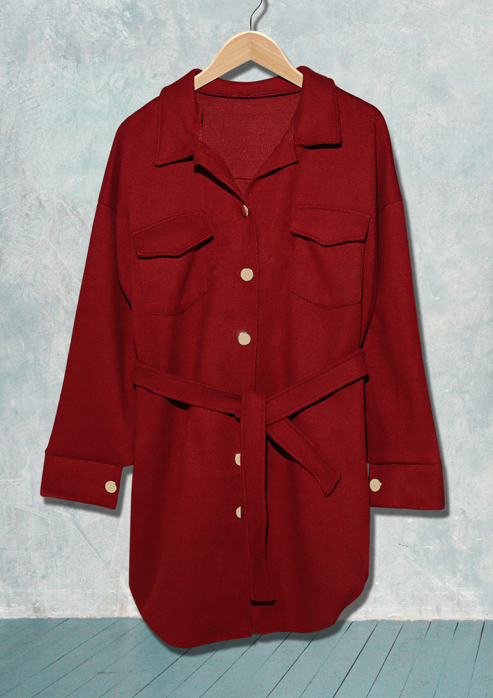 DEEP-RED COLLARED SOLID BELTED SHACKET