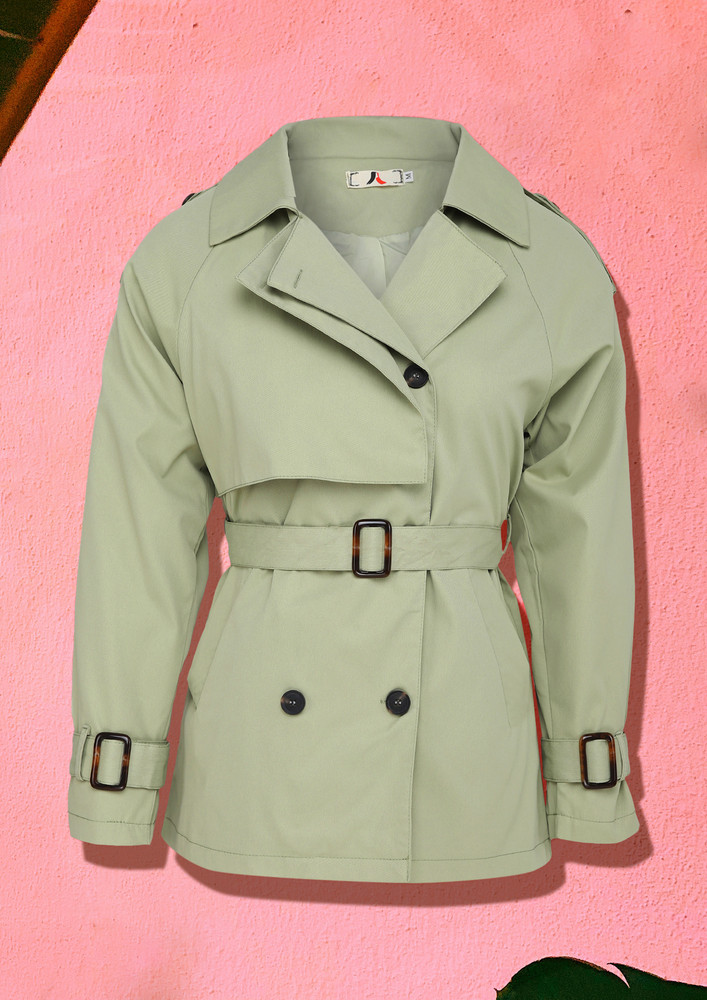 SOLID GREEN FLAP DETAIL BELTED TRENCH