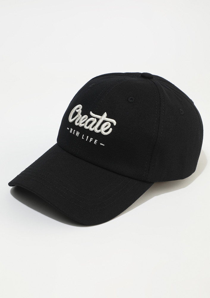 EMBROIDERED MOTIF BLACK COTTON CAP