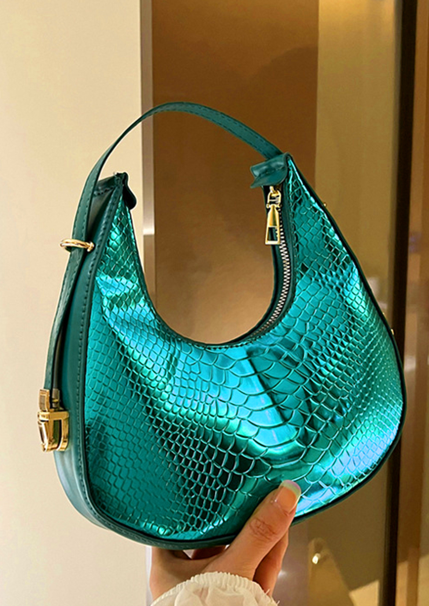Turquoise Hobo Snakeskin Women Leather Bag Interchange Shoulder Strap