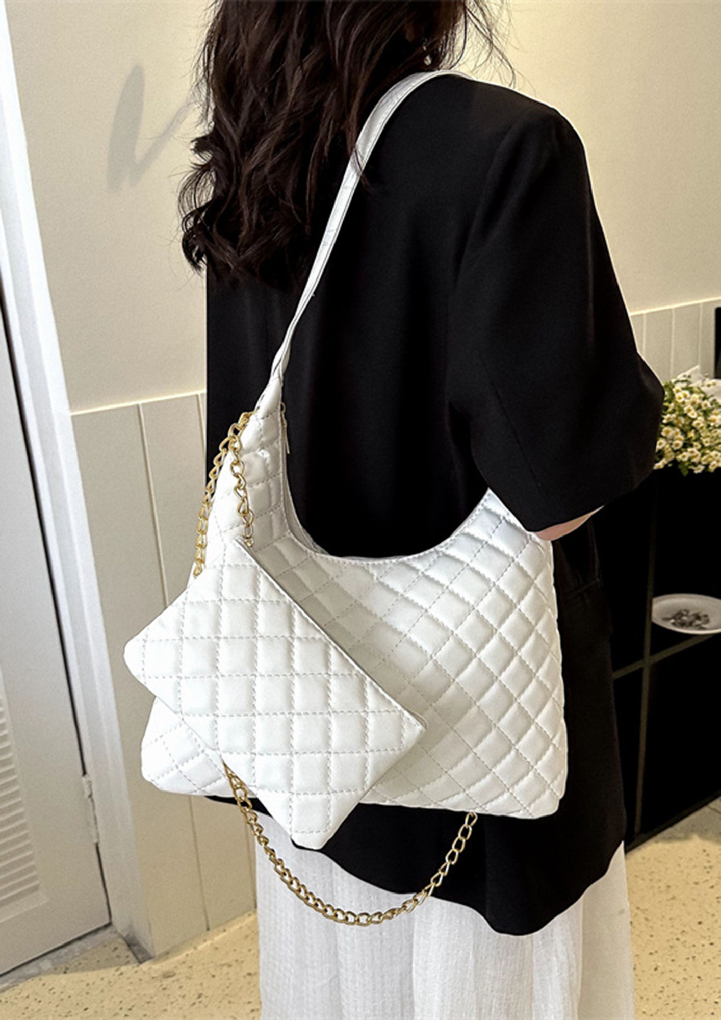 Quilted Imitation White Leather Purse