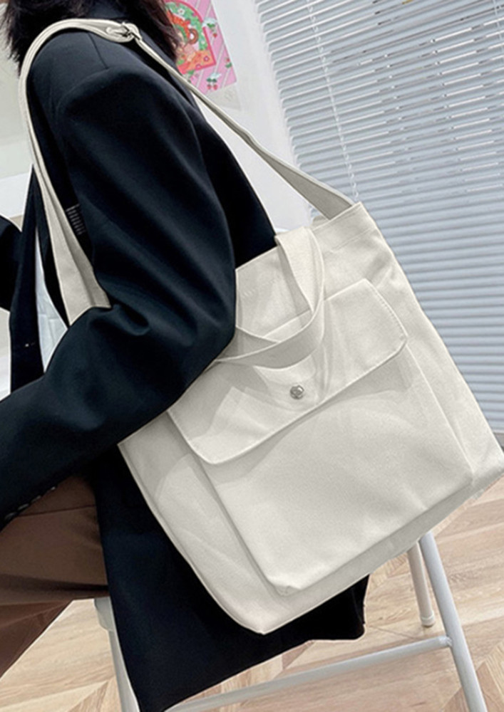 WHITE TOTE BAG WITH FLAP-POCKET