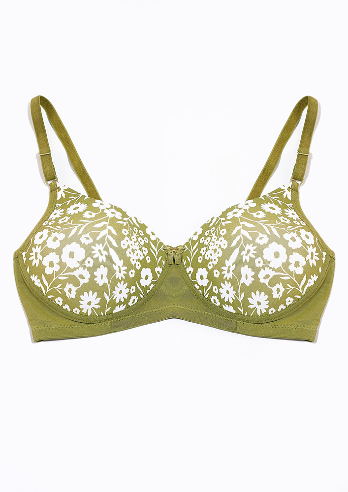 GREEN FLOARAL NON-WIRED T-SHIRT BRA