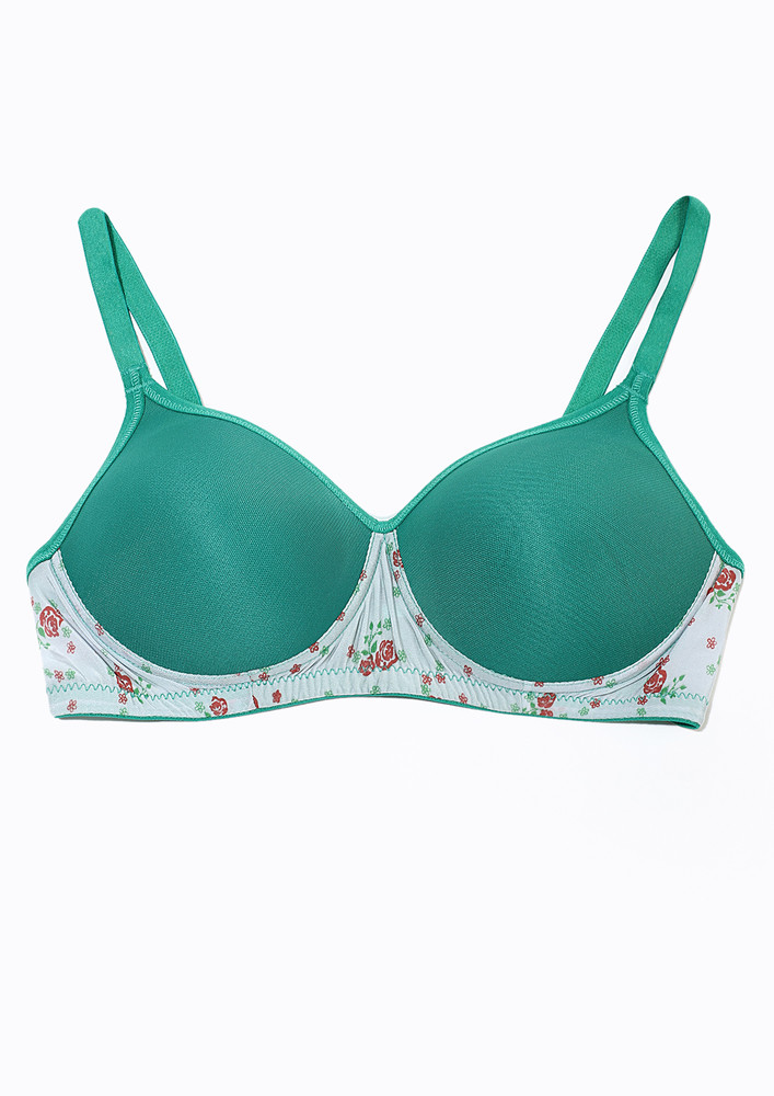 GREEN PRINTED NON-WIRED T-SHIRT BRA