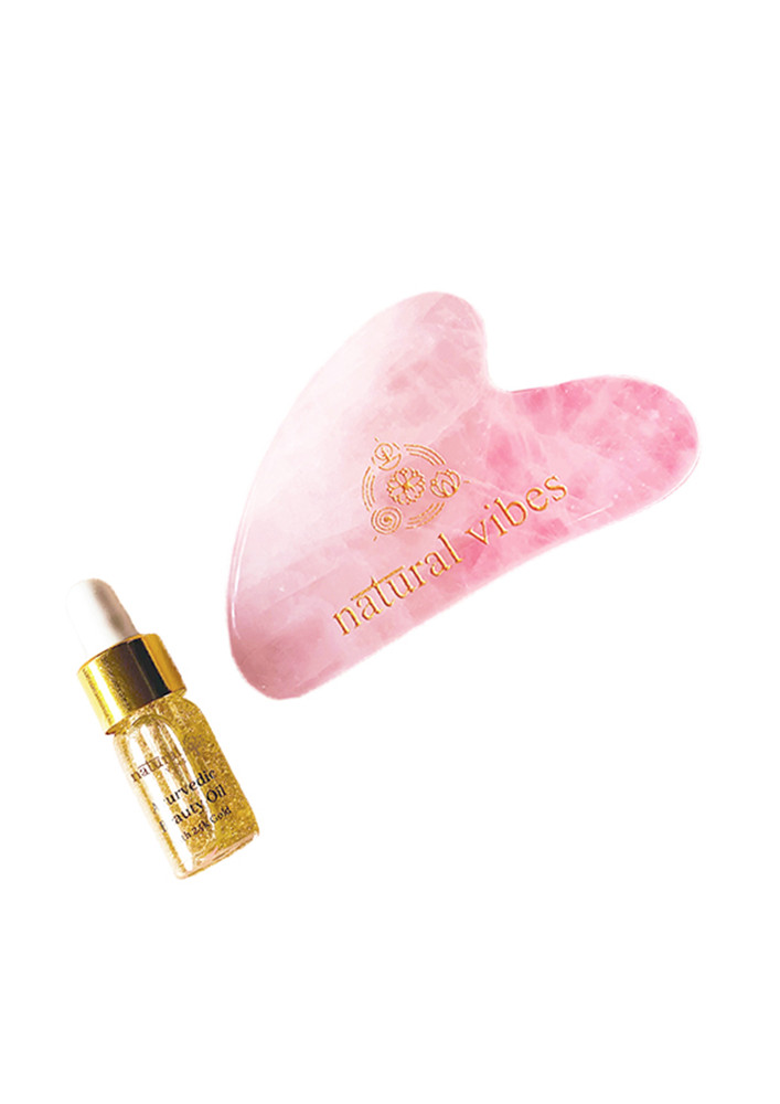Natural Vibes Rose Quartz Gua Sha For Face, Neck And Under Eye With Free Gold Beauty Elixir Oil 3 Ml