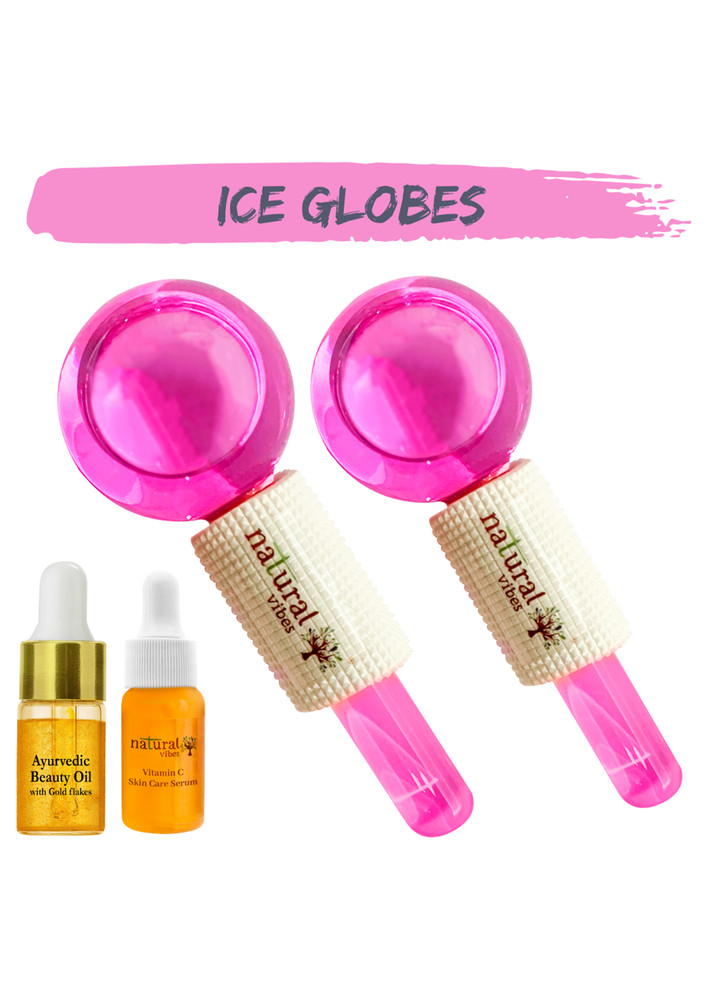 Natural Vibes Pink Ice Globes Facial Tool with FREE Gold Beauty Elixir Oil & Vitamin C Serum for Face, Neck and Under Eye
