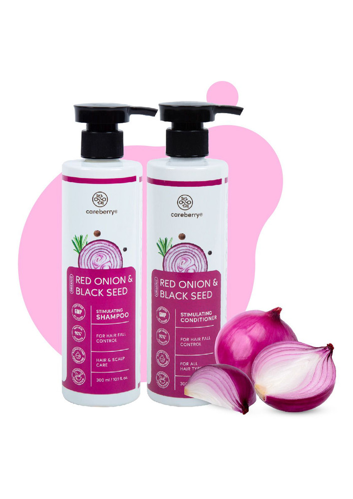 Careberry Organic Red Onion & Black Seed Oil Combo, Shampoo + Conditioner, Hair Growth & Hair Fall Control, Ayush Certified Ayurvedic, Sulphate & Paraben Free 300*2 Ml