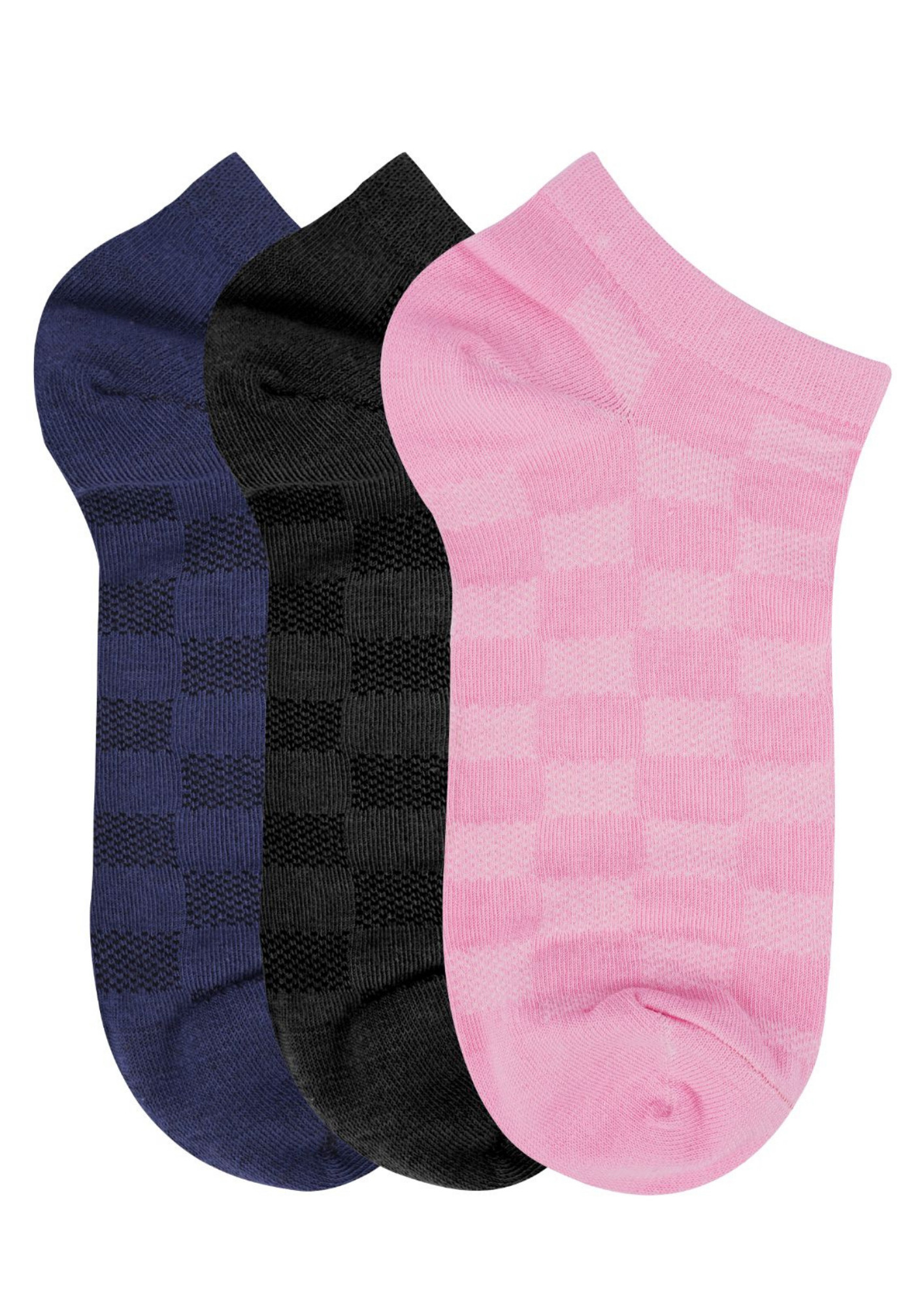N2S NEXT2SKIN Women's Low Ankle Length Check Pattern Cotton Socks (Pack of 3) (Navy:Black:Pink)