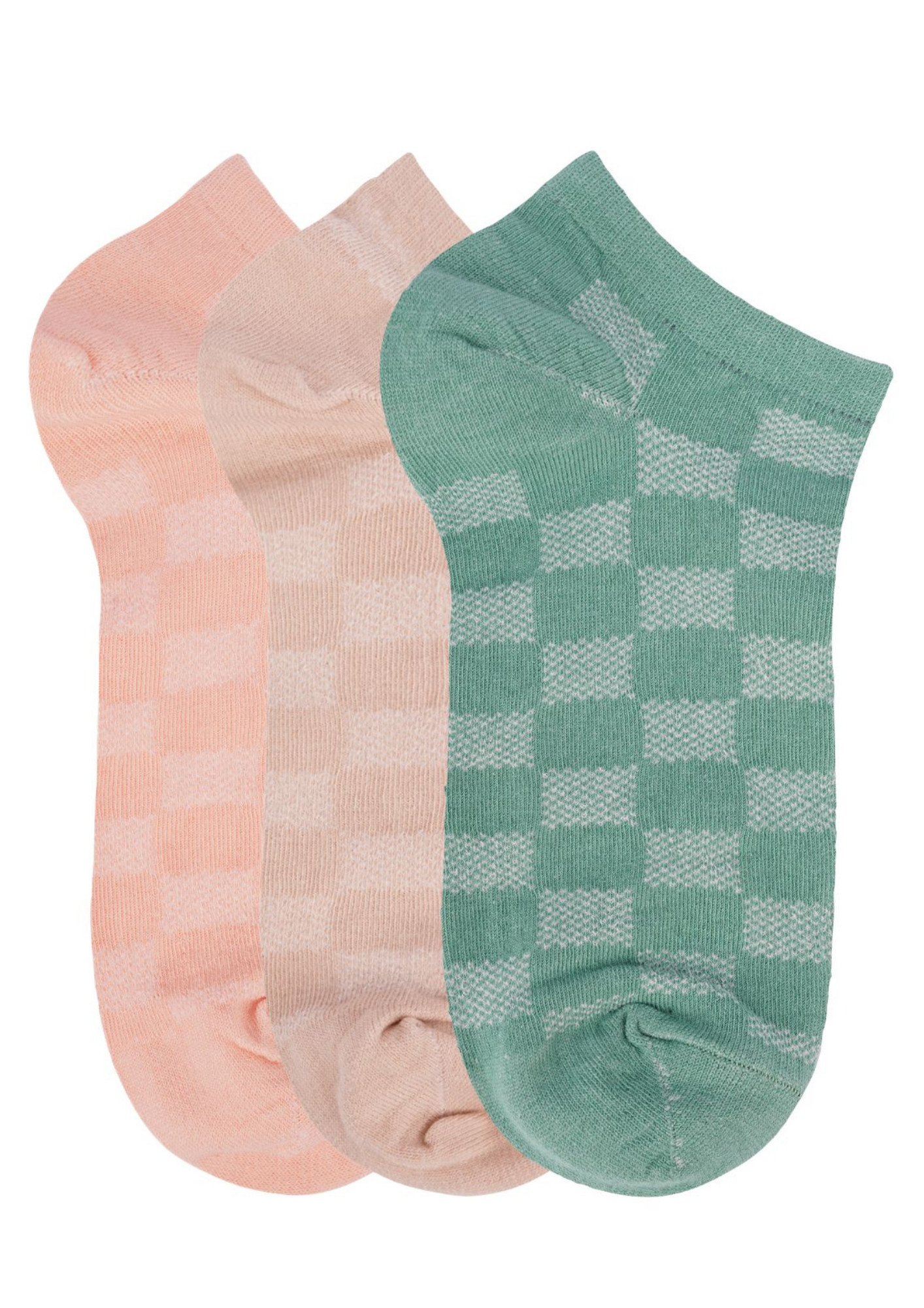 N2S NEXT2SKIN Women's Low Ankle Length Check Pattern Cotton Socks (Pack of 3) (Peach:Skin:Green)